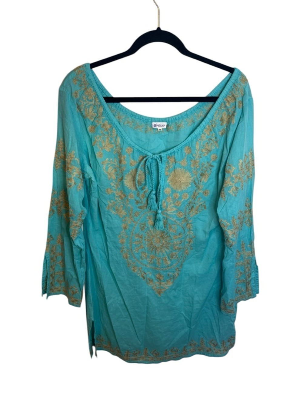Sevya Handmade Turquoise Embroidered Bohemian Tunic Top
